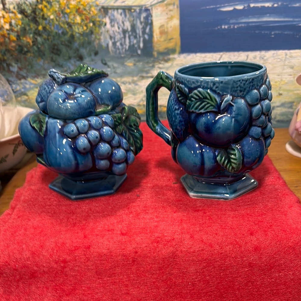 Indigo Blue Fruit-Themed Ceramic Mug and Jar Set